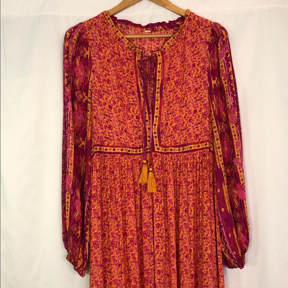 FREE PEOPLE  Happy Feeling Maxi Vibrant Pink & Orange Long Sleeve Dress Size S - Picture 8 of 16
